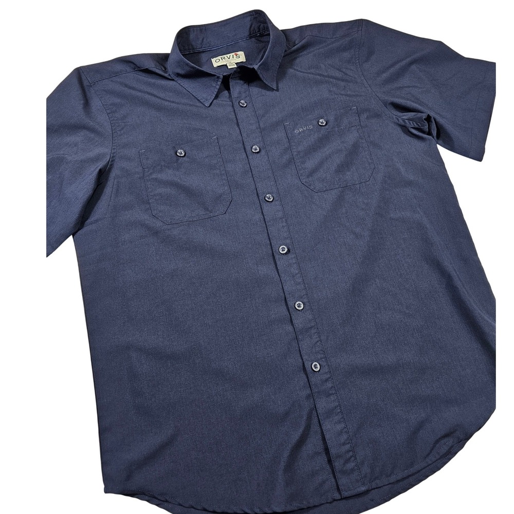 Orvis Classic Collection Mens Large Short Sleeve Button Down Shirt Navy Pockets